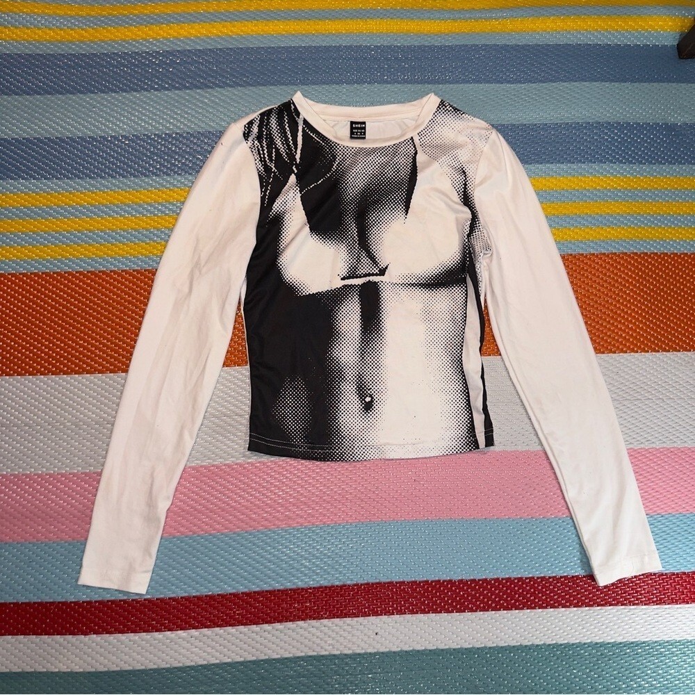SHEIN Beach Body Graphic Long Sleeve Top  Black White Women Size Small